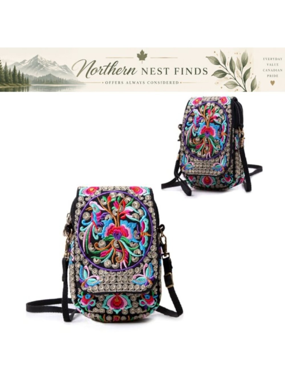 Canvas Embroidered Crossbody Cellphone Wallet Mini Shoulder Bag